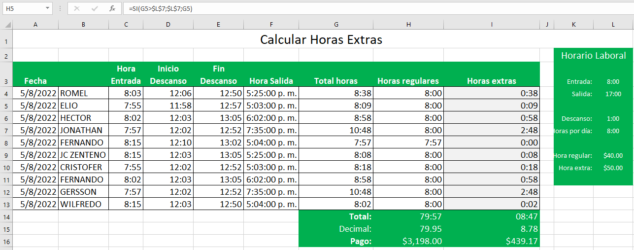 Calcular horas extras en Excel Siempre Excel