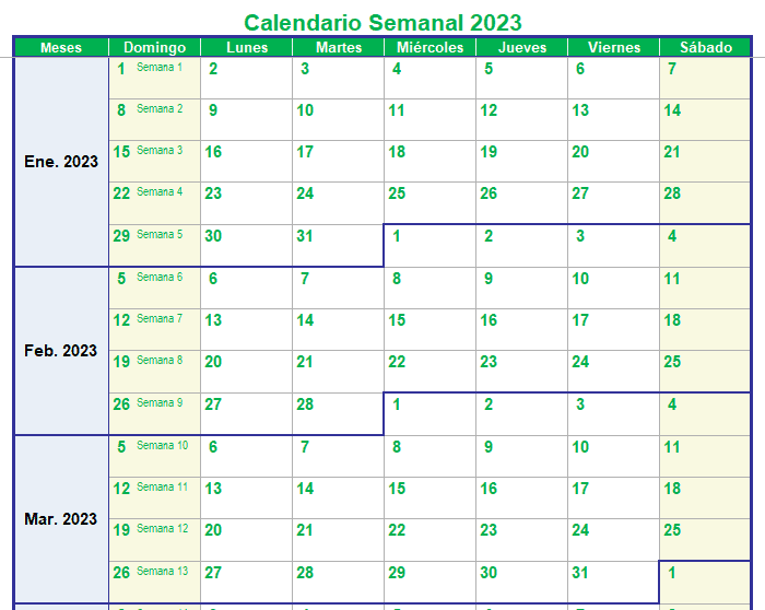 Calendario 2023 Descargar plantilla en excel Siempre Excel