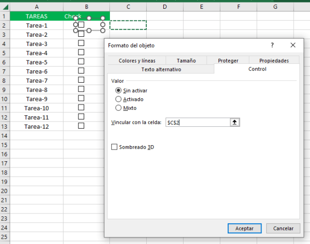 Insertar checkbox en excel siempre excel
