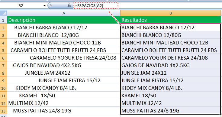 quitar espacios en excel