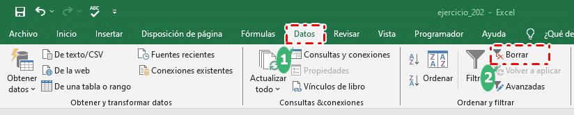 borrar filtro en excel