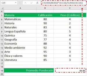 promedio ponderado en excel