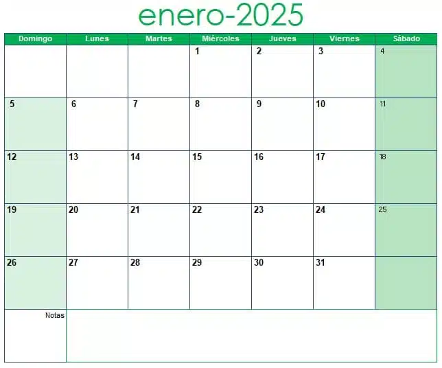 calendario 2025 mensual en excel
