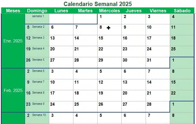calendario 2025 semanal excel