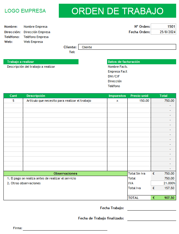 formato de trabajo en excel