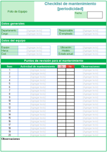 check list mantenimiento preventivo excel