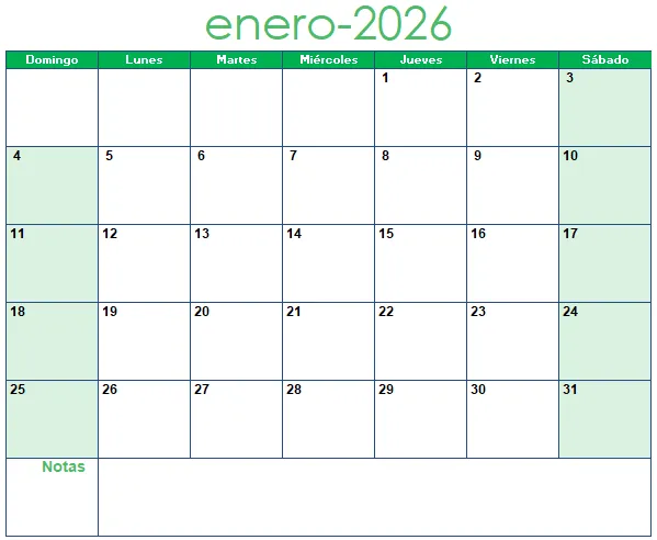 calendario 2026 excel mensual