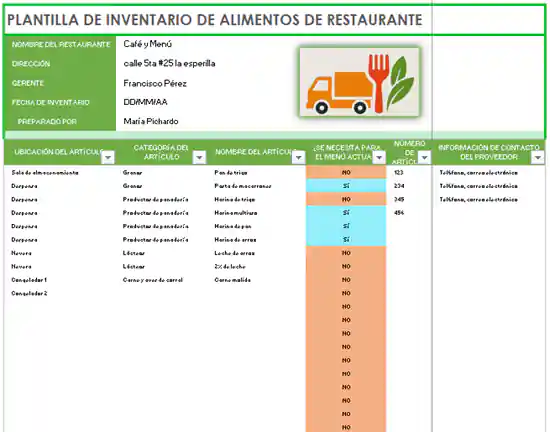 inventario de un restaurante excel