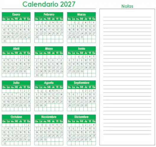 calendario 2027 en Excel