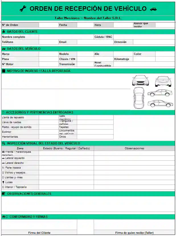 orden de trabajo taller mecanico excel